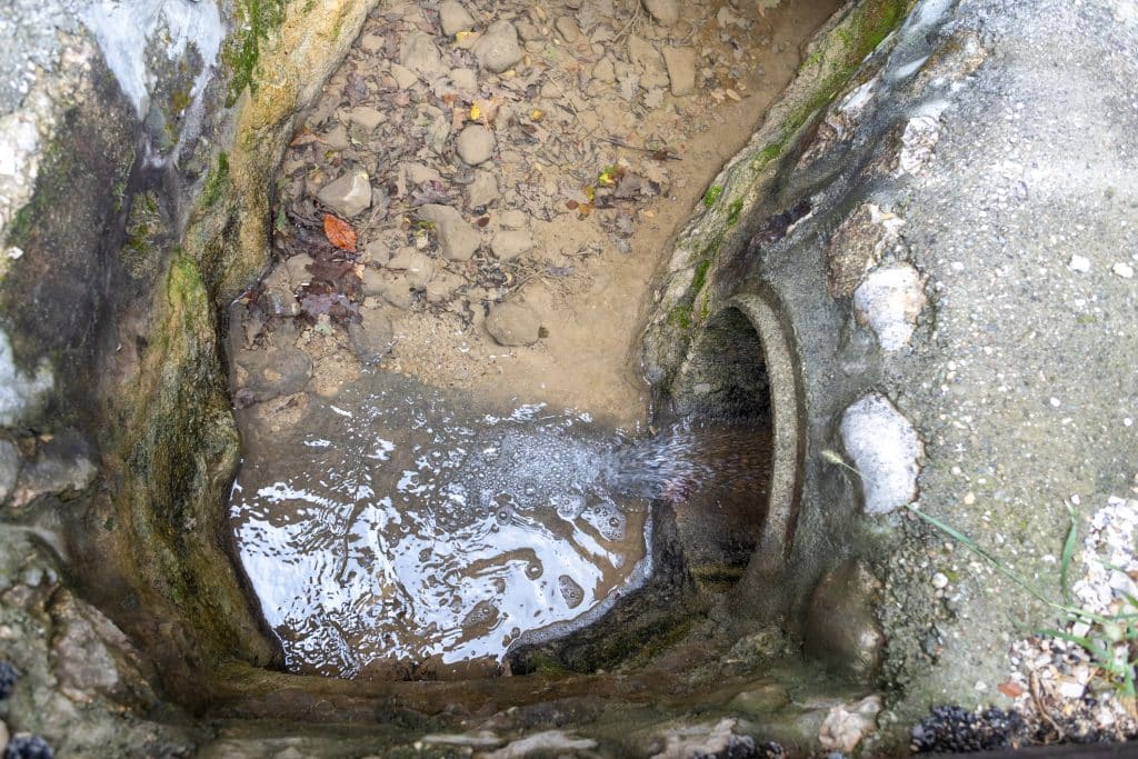 Close-up view of small concrete culvert draining water into creek