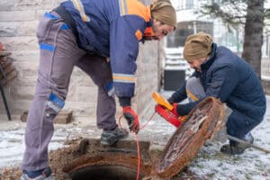 Plumbers checking sewer manhole with camera